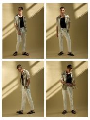 Spodnie slim fit z paskiem - złamana biel. Spodnie materiałowe męskie Reserved, l, bez wzorów, z bawełny. W wyprzedaży za 99.99 zł.