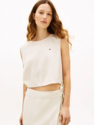 Tommy Jeans Bluzka Kobiety len beżowy, S. Brązowe bluzki damskie Tommy Jeans, s, bez wzorów, z jeansu, bez kołnierzyka, bez ramiączek. Za 279.95 zł.