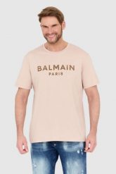 BALMAIN Beżowy t-shirt z aksamitnym logo flock and foil. Brązowe t-shirty męskie Balmain, l, bez wzorów, bez kołnierzyka. W wyprzedaży za 1,499.99 zł.