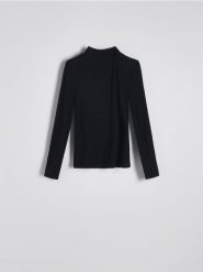 Bluzka z marszczeniem - czarny. Czarne bluzki damskie Reserved, l, bez wzorów, z dzianiny, bez kołnierzyka, bez ramiączek. W wyprzedaży za 49.99 zł.