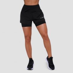 Szorty damskie do biegania 2w1 Pulse. Czarne szorty sportowe damskie GYMBEAM, s, bez wzorów, z elastanu, do biegania. Za 129.90 zł.