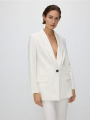 Marynarka z szalowym kołnierzem - biały. Białe żakiety damskie Reserved, l, bez wzorów, z tkaniny. W wyprzedaży za 119.99 zł.