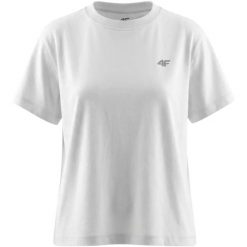 Koszulka damska 4F - krótki rękaw, dopasowany krój, miękki jersey. Białe t-shirty damskie 4f, uniwersalny, bez wzorów, z bawełny, klasyczne, bez kołnierzyka. Za 46.99 zł.