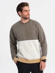 Bluza męska OVERSIZE z kontrastowym łączeniem kolorów - khaki V7 - Rozmiar: S. Brązowe bluzy męskie Ombre Clothing, m, z aplikacjami, z bawełny, bez kaptura. Za 189.99 zł.