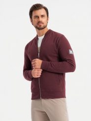 Rozpinana bawełniana męska bluza dresowa bomberka – bordowa V13 - Rozmiar: XL. Czerwone bluzy męskie Ombre Clothing, m, z aplikacjami, z bawełny, bez kaptura. Za 199.99 zł.