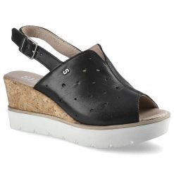 Sandały damskie Simen, na wysokim koturnie ze skórzaną wkładką, czarne, 00477-Sandro-04. Czarne sandały damskie Simen, bez wzorów, ze skóry, bez obcasa, na koturnie, bez zapięcia. Za 169.00 zł.