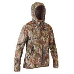 Kurtka outdoor damska wodoodporna Solognac 500 camo fluo. Brązowe kurtki damskie SOLOGNAC, xs, bez wzorów, z materiału, bez kaptura, outdoorowe. W wyprzedaży za 229.99 zł.