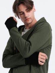 Asymetryczna bluza męska z obszernym kapturem NANTES - ciemnooliwkowa - Rozmiar: S. Zielone bluzy męskie Ombre Clothing, m, bez wzorów, z bawełny. Za 289.99 zł.