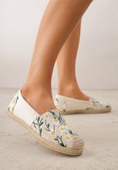 Beżowe Espadryle Ozdobione Kwiatowym Haftem i Plecionką Kiranth. Brązowe espadryle damskie Renee, na lato, bez wzorów, z jeansu, eleganckie, bez obcasa, bez zapięcia. Za 69.99 zł.