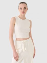 4F Crop top dzianinowy damski - biały XS. Białe koszulki sportowe damskie 4f, xs, bez wzorów, z bawełny, bez kołnierzyka, bez ramiączek. W wyprzedaży za 19.99 zł.