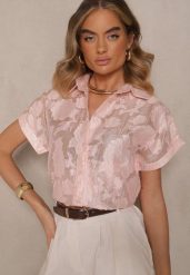 Różowa Koszula z Krótkim Rękawem Zdobiona Kwiatowym Wzorem Frorela. Czerwone bluzki damskie Renee, m, z aplikacjami, eleganckie, bez kołnierzyka, bez ramiączek. Za 69.99 zł.