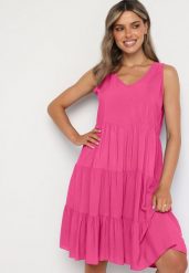 Fuksjowa Rozkloszowana Sukienka z Bawełny na Ramiączkach Zasea. Czerwone sukienki damskie Born2be, na co dzień, l, bez wzorów, z bawełny, eleganckie, bez kołnierzyka, bez ramiączek, midi, rozkloszowane. Za 39.99 zł.