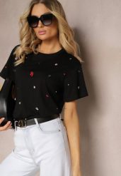 Czarny T-shirt z Cyrkoniami w Różnych Kolorach Varcia. Czarne bluzki damskie Renee, m, bez wzorów, z jeansu, eleganckie, bez kołnierzyka. Za 39.99 zł.