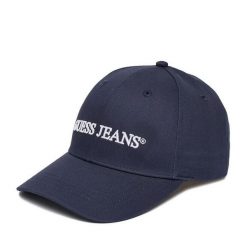 Czapka z daszkiem Guess Jeans. Niebieskie czapki i kapelusze damskie Guess Jeans, z aplikacjami, z jeansu. Za 99.99 zł.