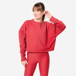 Bluza damska Domyos Gym & Pilates crop. Czerwone bluzy sportowe damskie DOMYOS, xs, bez wzorów, z bawełny, bez kaptura, na fitness i siłownię. Za 89.99 zł.