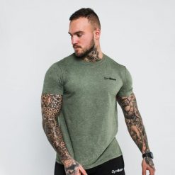 Koszulka męska fitness regular zielona Basic. Zielone koszulki sportowe męskie GYMBEAM, m, bez wzorów, z bawełny, bez kołnierzyka, bez ramiączek, na fitness i siłownię. Za 42.90 zł.
