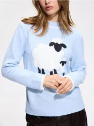 Sweter ze zwierzęcym motywem - jasnoniebieski. Niebieskie swetry damskie Reserved, l, bez wzorów, z dzianiny, bez kołnierzyka, bez ramiączek, bez kaptura. Za 179.99 zł.