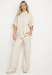 Jasnobeżowy Dzianinowy Komplet Oversize z Wiskozą Szerokie Spodnie i T-shirt Lannethria. Brązowe spodnie materiałowe damskie Born2be, l, bez wzorów, z dzianiny. Za 159.99 zł.