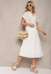 Biała Ażurowa Sukienka z Bawełny z Krótkim Rękawem i Guzikami Obitha. Białe sukienki damskie Renee, na lato, l, w ażurowe wzory, z bawełny, eleganckie, bez kołnierzyka, bez ramiączek, midi, rozkloszowane. Za 149.99 zł.