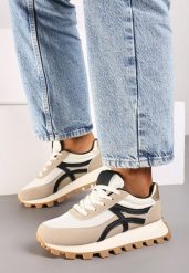 Ciemnobeżowe Sneakersy z Bieżnikiem i Wstawkami Timayla. Brązowe obuwie sportowe damskie Born2be, bez wzorów, z jeansu. Za 99.99 zł.