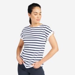 Koszulka marynarska, żeglarska damska Tribord Sailing 100 krótki rękaw. Białe t-shirty damskie Decathlon, xl, bez wzorów, z bawełny, klasyczne, bez kołnierzyka. Za 59.99 zł.