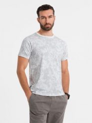 Wzorzysta bawełniana męska koszulka z krótkim rękawem – biała V1 - Rozmiar: S. Białe t-shirty męskie Ombre Clothing, m, bez wzorów, z bawełny, klasyczne, bez kołnierzyka. W wyprzedaży za 39.99 zł.