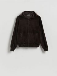 Welurowa bluza z kapturem - ciemnobrązowy. Brązowe bluzy damskie Reserved, l, bez wzorów, z dzianiny, z kapturem. Za 119.99 zł.