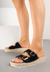 Czarne Klapki z Klamrami i Jutową Plecionką Karinn. Czarne klapki damskie Renee, bez wzorów, eleganckie, bez obcasa, na platformie. Za 64.99 zł.
