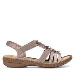 Sandały Rieker. Czerwone sandały damskie Rieker, bez wzorów, bez obcasa, na płaskiej podeszwie, bez zapięcia. Za 289.99 zł.