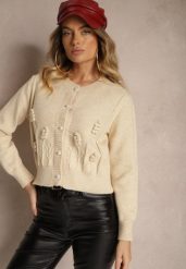 Beżowy Wiskozowy Kardigan z Guzikami Perełkami Brokatem Tłoczeniem i Kuleczkami Harirani. Brązowe kardigany damskie Renee, bez wzorów, z jeansu, klasyczne, bez kołnierzyka, bez ramiączek, bez kaptura. Za 159.99 zł.