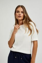 Wiskozowy sweter z metaliczną nitką biały. Białe swetry damskie MOODO, m, bez wzorów, z wiskozy, bez kołnierzyka, bez ramiączek, bez kaptura. W wyprzedaży za 54.99 zł.