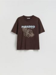 T-shirt z nadrukiem - ciemnobrązowy. Brązowe t-shirty damskie Reserved, l, bez wzorów, z bawełny, bez kołnierzyka. Za 69.99 zł.