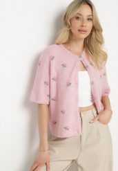 Różowy Sweter Kardigan z Krótkim Rękawem z Wiskozą w Ozdobny Print Korinelia. Czerwone kardigany damskie Born2be, s, bez wzorów, z jeansu, eleganckie, bez kołnierzyka, bez ramiączek, krótkie, bez kaptura. Za 139.99 zł.