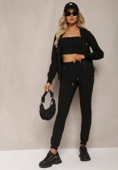 Czarny Komplet Dresowy Zasuwana Bluza z Kapturem i Proste Spodnie Junine. Czarne bluzy damskie Renee, l, bez wzorów, z dresówki, na fitness i siłownię. Za 119.99 zł.