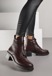 Bordowe Botki ze Skóry Naturalnej na Słupku Ozdobione Przeszyciami Deleisa. Czerwone botki damskie Renee, z jeansu, eleganckie, bez obcasa, na obcasie, bez zapięcia. Za 219.99 zł.