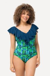 Damski Kostium kąpielowy kwiaty paski miękkie miseczki falbana. Niebieskie kostiumy jednoczęściowe damskie Ulla Popken, plus size, bez wzorów, z elastanu, plus size, do pływania. Za 201.99 zł.