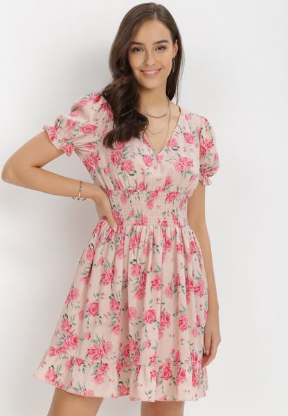 Różowa Sukienka Aethiliana. Czerwone sukienki damskie Born2be, na lato, l, bez wzorów, bez kołnierzyka, bez ramiączek, mini, rozkloszowane. Za 119.99 zł.