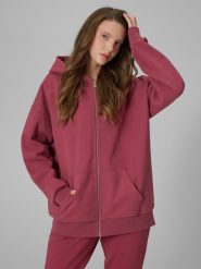 4F Bluza dresowa regular z kapturem damska - burgundowy L. Czerwone kardigany damskie 4f, l, bez wzorów, z dresówki. Za 179.99 zł.