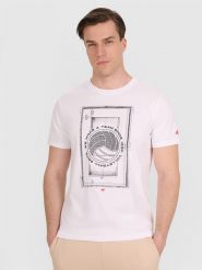 4F T-shirt regular z nadrukiem siatkarskim męski - biały S. Białe koszulki sportowe męskie 4f, l, bez wzorów, z bawełny, bez kołnierzyka, bez ramiączek, do siatkówki. W wyprzedaży za 39.99 zł.