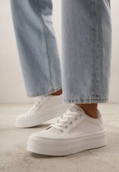 Białe Klasyczne Trampki na Grubej Podeszwie Araenes. Białe obuwie sportowe damskie Born2be, bez wzorów, z jeansu. Za 74.99 zł.