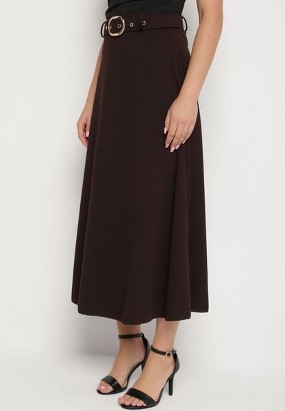 Brązowa Rozkloszowana Spódnica z Wysokim Stanem Ozdobiona Paskiem z Klamrą Lobira. Brązowe spódnice damskie Born2be, uniwersalny, bez wzorów, eleganckie, z podwyższonym stanem, maxi, koszulowe. Za 69.99 zł.