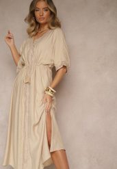 Beżowa Sukienka z Wiskozy Ozdobiona Ażurowymi Wstawkami Aloviana. Brązowe sukienki damskie Renee, na co dzień, na lato, l, w ażurowe wzory, z wiskozy, eleganckie, bez kołnierzyka, bez ramiączek, maxi. Za 149.99 zł.