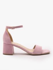 Jasnoróżowe sandały na obcasie. Czerwone sandały damskie Ryłko, bez wzorów, ze skóry, bez obcasa, na obcasie, bez zapięcia. Za 399.99 zł.