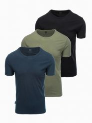 Zestaw męskich bawełnianych t-shirtów BASIC z okrągłym dekoltem – czarny/granatowy/khaki V3 - Rozmiar: L. Niebieskie t-shirty męskie Ombre Clothing, l, bez wzorów, z bawełny, klasyczne, bez kołnierzyka. Za 149.99 zł.