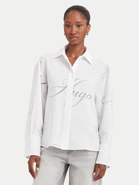 HUGO Koszula Echinacea 50562585 Biały Oversize. Białe bluzki damskie Hugo, bez wzorów, z wiskozy, bez kołnierzyka, bez ramiączek. Za 614.99 zł.