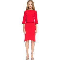 Czerwona Elegancka Bluzka z Falbankami przy Rękawach. Czerwone bluzki damskie Molly.pl, l, bez wzorów, z jeansu, biznesowe, bez kołnierzyka, bez ramiączek. Za 78.90 zł.