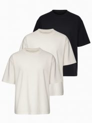 Zestaw bawełnianych koszulek męskich loose fit z okrągłym dekoltem - biała/biała/czarna V2 - Rozmiar: M. Czarne t-shirty męskie Ombre Clothing, m, bez wzorów, z bawełny, biznesowe, bez kołnierzyka. Za 209.99 zł.