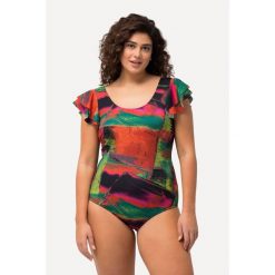 Damski Strój kąpielowy rękawy z falbankami miękkie miseczki okrągły dekolt. Zielone kostiumy jednoczęściowe damskie Ulla Popken, plus size, bez wzorów, z elastanu, sportowe, plus size, do pływania. Za 244.99 zł.