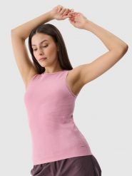 4F Top slim bezszwowy damski - pudrowy róż M/L. Czerwone koszulki sportowe damskie 4f, l, bez wzorów, z dzianiny, bez kołnierzyka, bez ramiączek. W wyprzedaży za 39.99 zł.