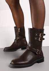 Brązowe Botki w Motocyklowym Stylu z Klamrami Tatisha. Brązowe botki damskie Born2be, eleganckie, bez obcasa, na płaskiej podeszwie, bez zapięcia. Za 159.99 zł.